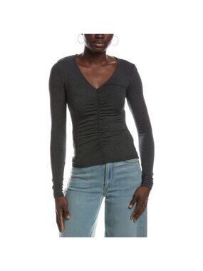 Madewell Women's Slinky V Neck Top Gray Ruched Stretch Long Sleeve Size XS NWT